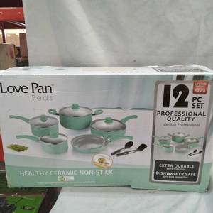 lot 22554 image: LOVE PAN 12 Piece White Ceramic Pots and Pans Set Kitchen Non-Stick Cookware Set for Cooking and Frying Pot and Pan Set with Glass Lids and Kitchen Utensils ,
