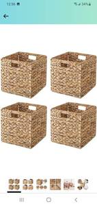 lot 22571 image: VK Living Foldable Handwoven Water Hyacinth Storage Baskets Wicker Cube Baskets Rectangular Laundry Organizer Totes for Bedroom, Living Room,Nursery Room, Shelves, Pantry 4 Pack 12x12x12inch �� �� �� �� �� �� ��