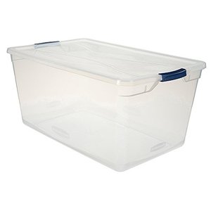 lot 22707 image: Rubbermaid Cleverstore Stackable Containers with Durable Latching Clear Lids, Visible Organization, Ideal for Large Item Storage for Garage and Basement, 95 Quart - 4 Pack