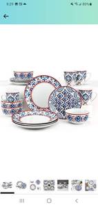 lot 22756 image: ZYAN 16 Piece Round Dinnerware Sets, Blue and Red Farmhouse Stoneware Dish Set, Dishwasher Safe Plates and Bowls Sets for 4 �� �� �� �� �� �� ��
