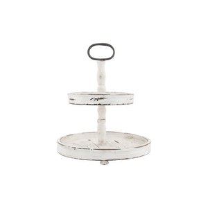 lot 22822 image: Distressed Cream Wood 2-Tier Tray with Metal Handle