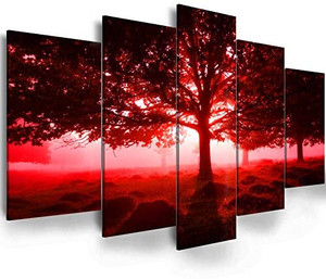 lot 4417 image: Mordern Red Tree Wall Art - Ephany Art - Tree Wall Art For Living Room,mysterious Forest Photography canvas wall art, Landscape Red Picture Wall Art Canvas Print Frame Picture Painting for Room Home Decorations (A-5pcs,80x40)