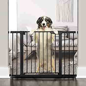 lot 4425 image: Cumbor 46Auto Close Safety Baby Gate, Extra Tall and Wide Child Gate, Easy Walk Thru Durability Dog Gate for House, Stairs, Doorways. Includes 4 Wall Cups, (2)2.75-Inch and 8.25-Inch Extension, Black