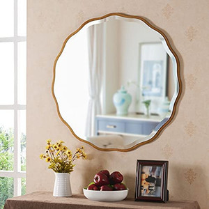 lot 4428 image: MOTINI 32 Round Beveled Mirrors Wall Mounted Gold Flower-Like Irregular Frame Decorative Mirror for Bathroom Vanity, Living Room, Bedroom, Entryway Wall Decor