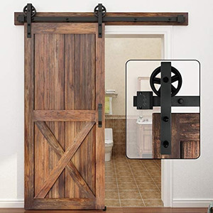 lot 4429 image: WINSOON 5-16FT Single Wood Sliding Barn Door Hardware Kit 5FT Basic Black Big Spoke Wheel Roller Garage Closet Carbon Steel Flat Track System (5FT)