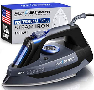 lot 4449 image: Professional Grade 1700W Steam Iron for Clothes with Rapid Even Heat Scratch Resistant Stainless Steel Sole Plate, True Position Axial Aligned Steam Holes, Self-Cleaning Function