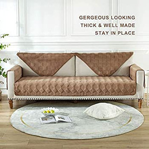 lot 4459 image: OstepDecor Sectional Couch Covers, Velvet Sofa Cover, Quilted Sofa Slipcover for Dogs Cats Pet Love Seat Recliner Leather L Shaped, Armrest Backrest Cover, Coffee 36 x 94 Inches