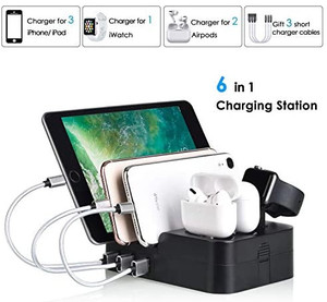 lot 4464 image: Charging Station for Multiple Devices 6 Port 30W MUZHI Fast Multi USB Charger Station Dock HUB Desktop Wall Charge Stand Organizer for iPad iPhone Airpods iwatch Kindle Tablet Smart Cell Phones Black