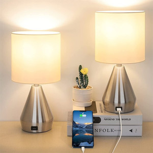 lot 4502 image: Set Of 2 Bedside Table Lamp, 3 Way Dimmable Touch Control Table Lamp With USB Ports, White Fabric Shade, Retro Silver Metal Body For Living Room, Kids Room, College Dorm, 6W Bulbs Included
