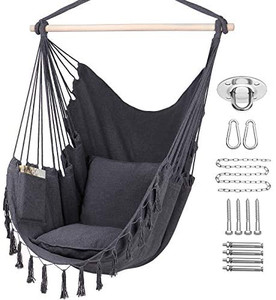 lot 4544 image: Y- STOP Hammock Chair Hanging Rope Swing, Max 330 Lbs, 2 Cushions Included, Large Macrame Hanging Chair with Pocket, Cotton Weave for Superior Comfort, Durability (Grey)