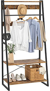 lot 4551 image: Entryway Coat Rack, Hall Tree with Storage Shoe Bench, 3-in-1 Industrial Coat Shoe Rack with Shelves, Wood Angled Entry Coat Stand with Metal Frame for Entrance, Foyer, Bedroom, Rustic Brown