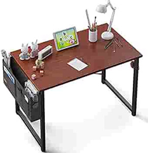 lot 4559 image: ODK Computer Writing Desk 31 inch, Sturdy Home Office Table, Work Desk with A Storage Bag and Headphone Hook, Teak