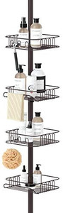 lot 4566 image: SEIRIONE Tension Corner Shower Pole Caddy, Rustproof Stainless Steel, 4 Tier Adjustable Baskets for Organizing Hand Soap, Body Wash, 4.5 to 9.5ft Height, Oil Bronze