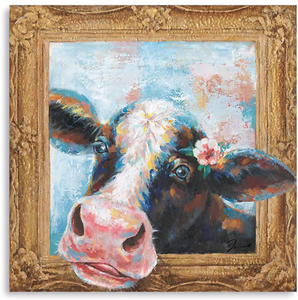 lot 5247 image: Cow Wall Decor for Kitchen Cow Wall Art Colorful with Flower Farmhouse Canvas
