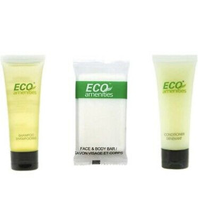 lot 5278 image: ECO AMENITIES Soap, Conditioning Shampoo And Body Lotion Individually Packaged