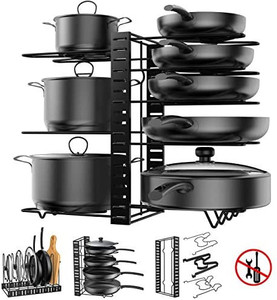 lot 5324 image: Pot Rack Organizer, 3 DIY Methods, Height and Position are Adjustable - 8 Pots Holder, Metal Kitchen Cabinet Pantry Pot Pan Lid Holder (BLACK)