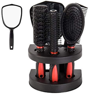 lot 5327 image: Healthcom Set of 5 Hair Combs Set Professional Salon Hair Cutting Brushes Sets Salon Hairdressing Styling Tool Mirror And Holder Stand Set Dressing Comb Kits for Women and Men,Red