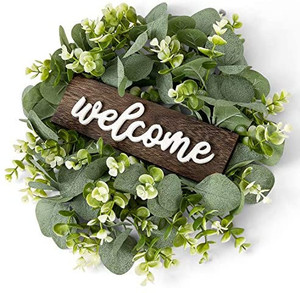 lot 5335 image: Welcome Sign with Wreaths Small Rustic Front Door Decor Wood Hanging Sign with Artificial Eucalyptus