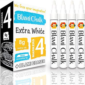 lot 5345 image: Blami Arts Chalk Markers White 4 Pack with 2 Times More Liquid Ink 8g - Easy to Use Chalkboard Pens With Reversible Tip for Bistro Glass Windows - Eraser Sponge Included