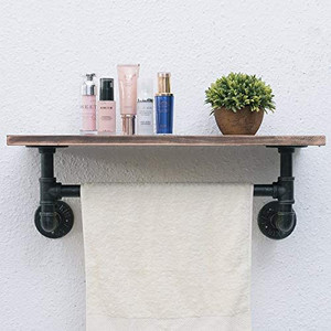 lot 5375 image: Industrial Pipe Shelf Rustic Wall Shelf with Towel Bar Towel Racks for Bathroom 1 Tiered Pipe Shelves Wood Shelf Shelving (1-Layer) 24in