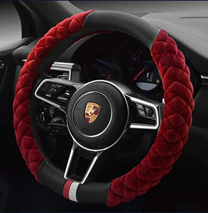 lot 5395 image: HAOKAY Luxurious Soft Plush Winter Steering Wheel Cover with Universal Size 15 Inches Bright Red Varies from stock photo