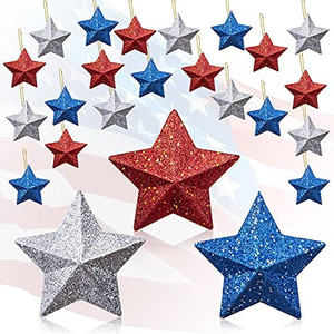 lot 5405 image: LOLStar 24 Pcs American Themed Party Decoration Hanging Ornaments Red Silver and Blue Hanging Glitter Stars Home Decor for Birthday Party,Patriotic Party,Graduation Party,4th of July Decorations
