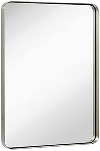 lot 6754 image: Hamilton Hills Contemporary Brushed Metal Wall Mirror  Glass Panel Silver Framed Rounded Corner Deep Set Design  Mirrored Rectangle Hangs Horizontal or Vertical (30 x 40)