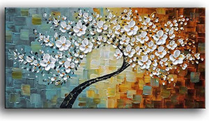 lot 6770 image: YaSheng Art -100% Hand-Painted Contemporary Art Oil Painting On Canvas Texture Palette Knife Tree Paintings Modern Home Interior Decor Abstract Art 3D Flowers Paintings Ready to Hang