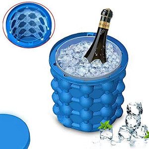lot 6806 image: MS.CLEO Large Silicone Ice Bucket, Ice Maker Bucket, (2 in 1) Ice Cube Maker, Silicone Bucket with Lid, Ice Cube Mold Ice Trays Dark blue