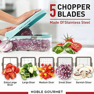 lot 6842 image: Vegetable Chopper Slicer - Veggie Onion Dicer - Food Cutter for Fry,Potato,Tomato,Salad - 9 Chop & Mandoline Blades, Hand Resistant Glove, Peeler, Storage Container - Manual Handheld Pro Kitchen Tool