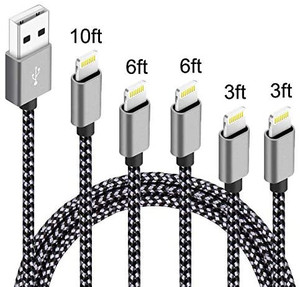 lot 6846 image: 5Pack(3ft 3ft 6ft 6ft 10ft) iPhone Lightning Cable Apple Certified Braided Nylon Fast Charger Cable Compatible iPhone Max XS XR 8 Plus 7 Plus 6s 5s 5c Air iPad Mini iPod Black Gray