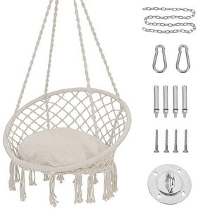 lot 6854 image: Patio Watcher Hammock Chair Hanging Macrame Swing with Cushion and Hardware Kits, Max 330 Lbs, Handmade Knitted Mesh Rope Swing Chair for Indoor, Outdoor, Bedroom, Patio, Yard, Deck, Garden, Beige