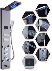 lot 6862 image: ELLO&ALLO LED Rainfall Waterfall Shower Head Rain Massage System with Body Jets, Stainless Steel Bathroom Shower Panel Tower System, Brushed Nickel