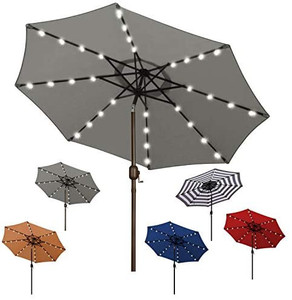 lot 6865 image: Blissun 9 ft Solar Umbrella, 32 LED Lighted Patio Umbrella, Table Market Umbrella, Outdoor Umbrella for Garden, Deck, Backyard, Pool and Beach (Grey)
