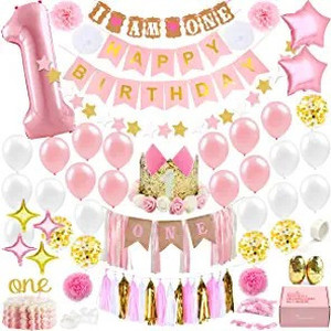 lot 6874 image: 1st Birthday Baby Girl Decorations WITH Birthday Crown- Baby First Birthday Decorations Girl Varies from stock photo