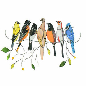 lot 6892 image: Multicolor Birds On A Wire High Iron Acrylic Suncatcher Window Panel Home Decor Had a small leaf broke off