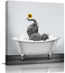 lot 7266 image: Canvas Wall Art Print Bathroom Wall Art Decor-Happy Elephant with Sunflower