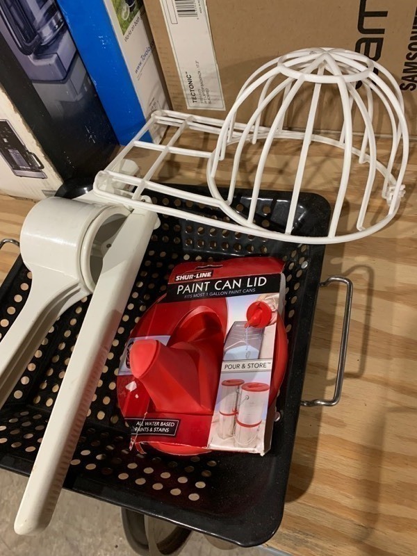 lot 117 image: Bundle Pack Metaltex Food Smasher, Hat Washing Case, Pour and Stir Paint Can Lid, and Metal Outdoor Cooking Tray.