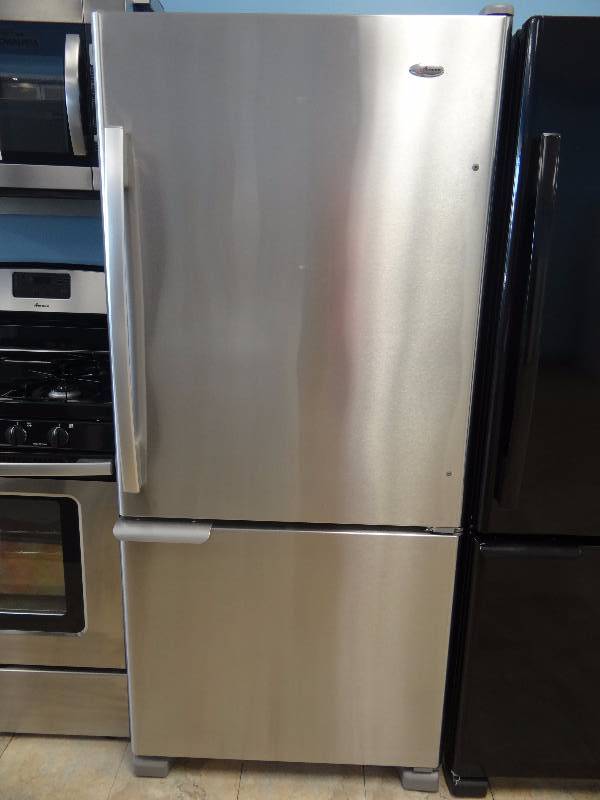 lot 1065 image: BRAND NEW Amans Stainless Steel Bottom Freezer Refrigerator