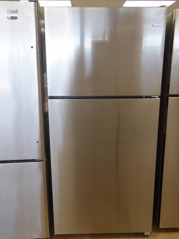 lot 1067 image: BRAND NEW Amana Stainless Steel Free Standing Top Freezer Refrigerator