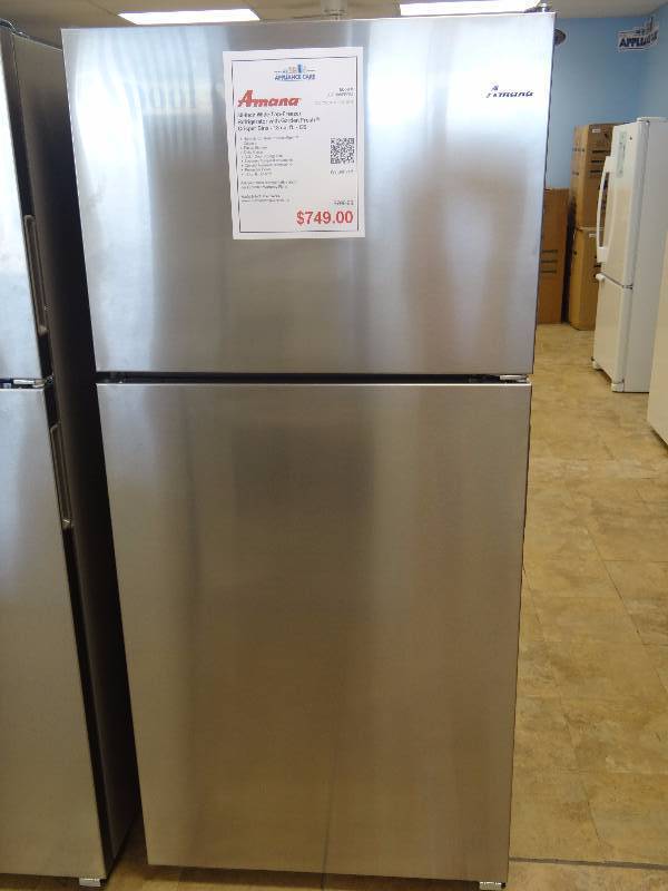 lot 1068 image: BRAND NEW Amana Stainless Steel Free Standing Top Freezer Refrigerator