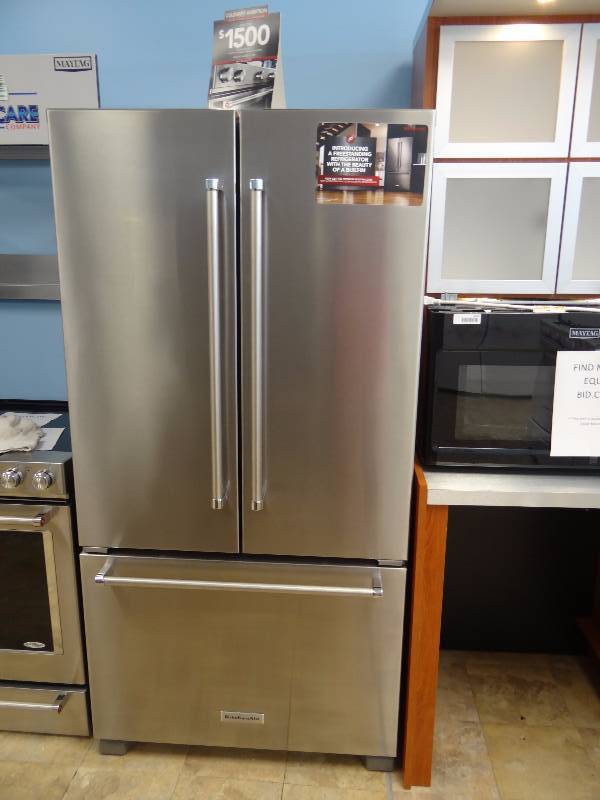 lot 1076 image: BRAND NEW KitchenAid Stainless Steel French Door Refrigeratoe w. Interior Dispense
