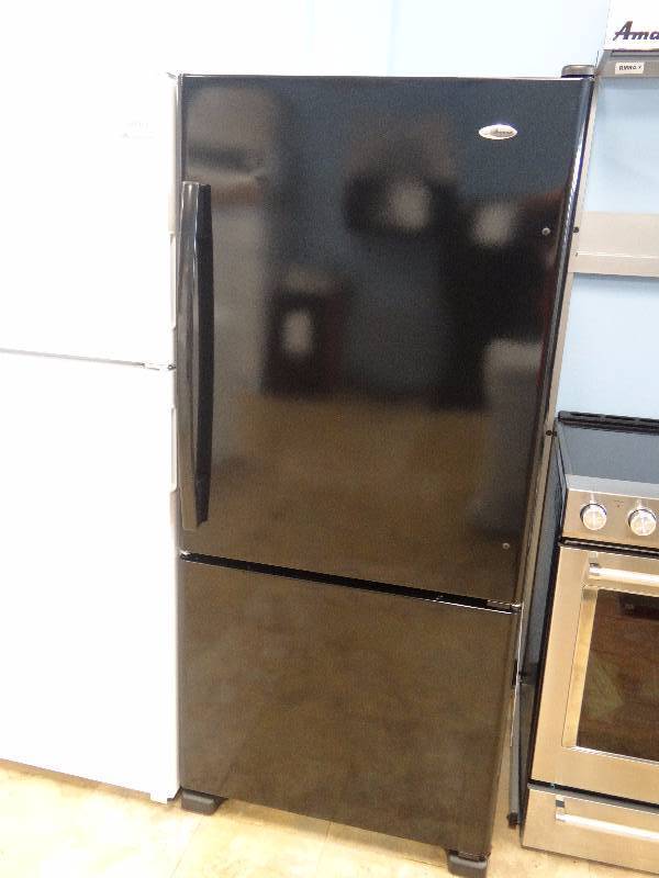 lot 1077 image: BRAND NEW Amana Black Bottom Freezer Refrigerator