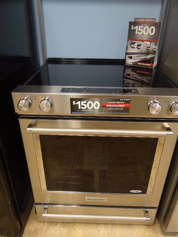 lot 1088 image: BRAND NEW KitchenAid Stainless Steel Flat Top Slide in Electric Range