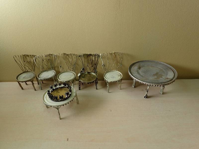 lot 6189 image: Custom Folk Art Small Scale 8 Piece Chair And Table Set Made from soup cans