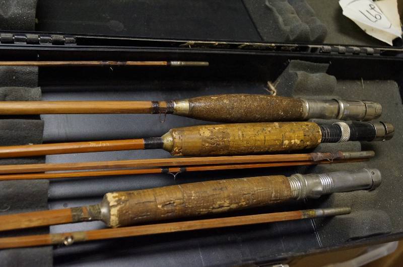 lot 4102 image: 3 OLD Bamboo Fishing Poles  Fly Rods and case