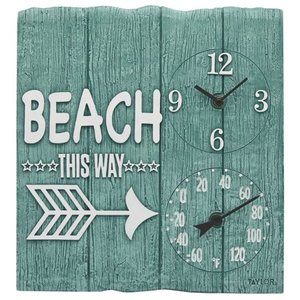 lot 19668 image: Taylor 14-inch by 14-inch Beach This Way Clock with Thermometer