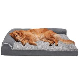 lot 31953 image: Furhaven Orthopedic Pet Bed for Dogs and Cats - L Chaise Sofa Two-Tone Plush Fur and Suede Couch Dog Bed with Removable Washable Cover, Stone Gray, Jumbo (X-Large)