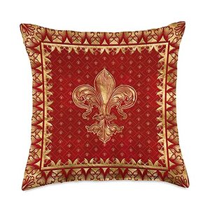 lot 31966 image: Creativemotions Fleur-de-lis Ornament Luxury Red Throw Pillow, 18x18, Multicolor