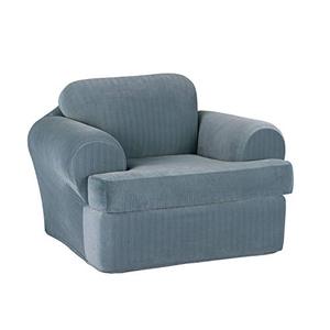lot 31974 image: SureFit Stretch Pinstripe T-Cushion Chair Two Piece Slipcover, Form Fit, PolyesterSpandex, Machine Washable, French Blue Color
